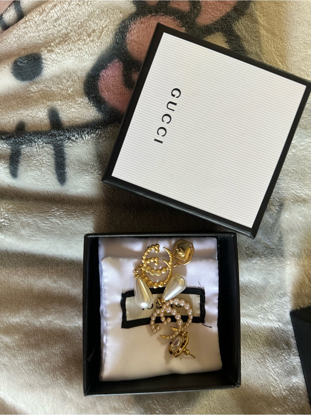 Gucci Gold and Pearl Double G Drop Earrings with Crystal Accents
